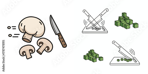 Outline Food Prep Icons with Mushrooms, Knives, and Diced Green Cubes