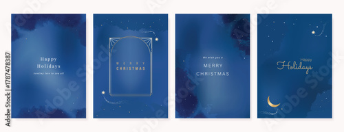 Christmas Luxury gold  invitation card design vector. Christmas pine leaves, snowflake with gold foil and spot texture on navy blue background. Design illustration for cover, print, poster, ads.