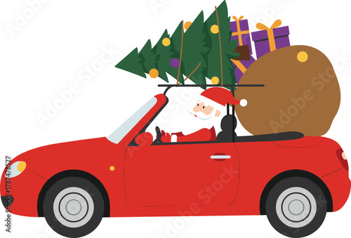 Cartoon Santa Claus driving red convertible car with Christmas tree and colorful gift boxes, festive holiday illustration, cheerful seasonal artwork design