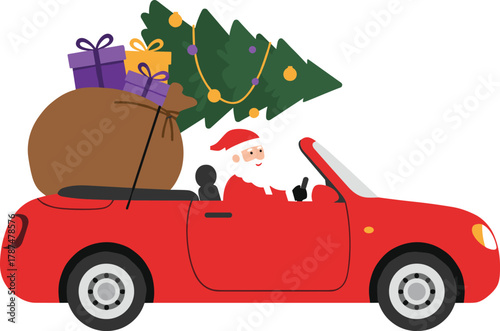 Cartoon Santa Claus driving red convertible car with Christmas tree and colorful gift boxes, festive holiday illustration, cheerful seasonal artwork design