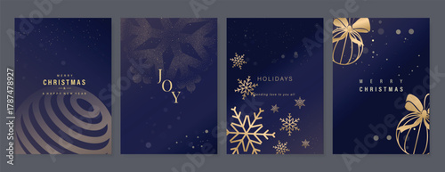 Christmas Luxury gold  invitation card design vector. Christmas pine leaves, snowflake with gold foil and spot texture on navy blue background. Design illustration for cover, print, poster, ads.