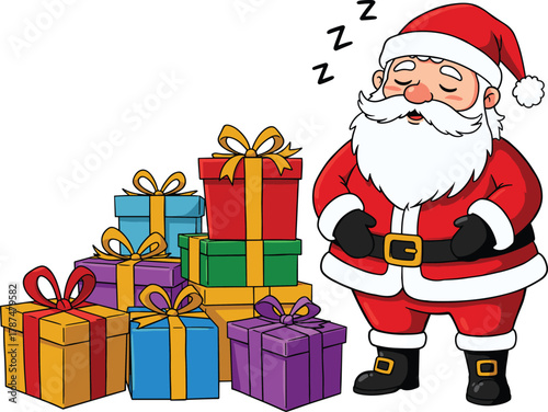 Cartoon Santa Claus sleeping beside colorful wrapped presents, festive Christmas holiday illustration with gifts, ribbons, bows, humorous seasonal design
