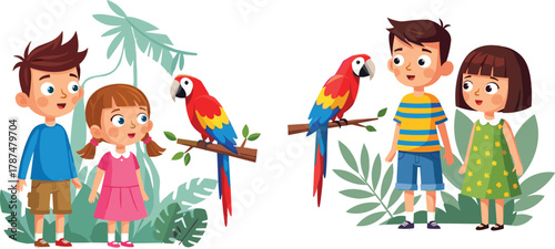 Cartoon kids watching colorful parrots in tropical jungle, wildlife education, rainforest birds, nature exploration, outdoor learning and animal observation illustration