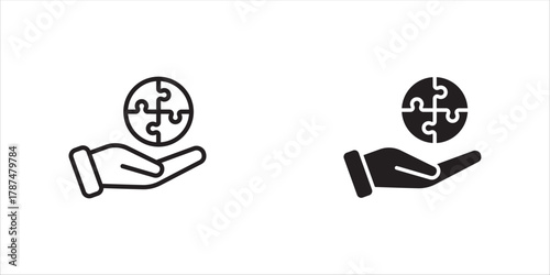 Teamwork. Hand and puzzles linear icon set. Line customizable illustration. Contour symbol. Vector isolated outline drawing. Editable stroke vector illustration, eps10.
