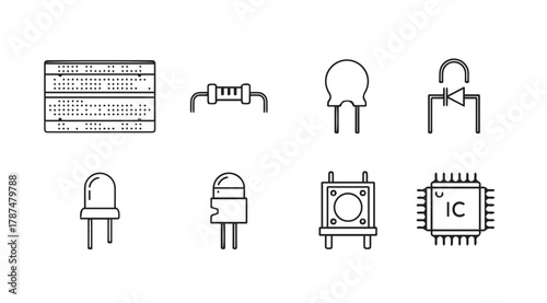 Collection of electronic component silhouettes including leds ic and breadboard silhouette