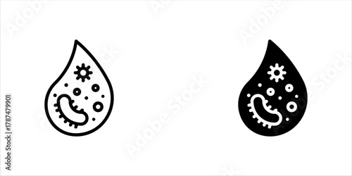 Dirty water linear icon set. Waterborne pathogens. Infection risk. Water contamination. Droplets and germs. Thin line illustration. Contour symbol, vector illustration, eps10.