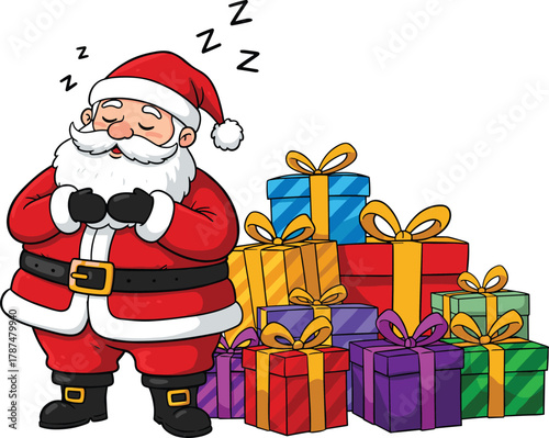 Cartoon Santa Claus sleeping with colorful wrapped gift boxes, festive Christmas holiday illustration, humorous seasonal artwork with ribbons, bows, cheerful presents