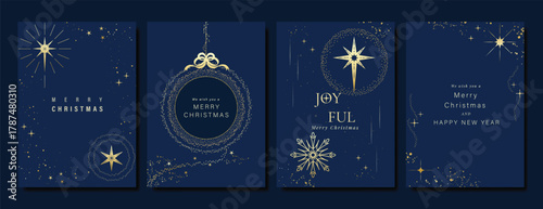 Christmas Luxury gold  invitation card design vector. Christmas pine leaves, snowflake with gold foil and spot texture on navy blue background. Design illustration for cover, print, poster, ads.