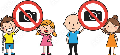 Children holding no photography sign, camera prohibition concept, safety awareness, cartoon vector illustration, education about restricted photography areas