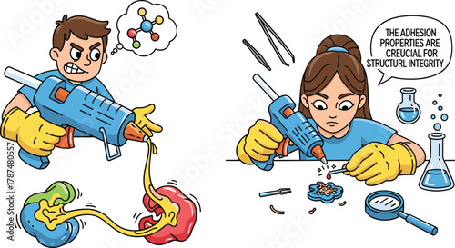 Children using hot glue gun for science experiment, learning chemistry concept, creativity, teamwork, cartoon vector illustration of kids education activity