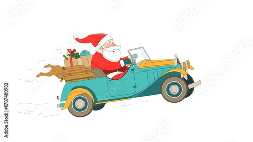 Cartoon Santa Claus Joyfully Driving Vintage Roadster With Presents For Festive Holiday Cheer
