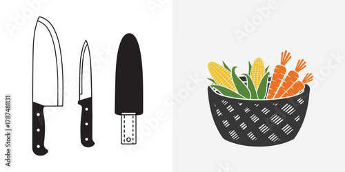 Minimalist Flat Design of Kitchen Knives and Fresh Vegetable Basket