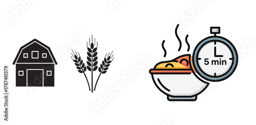 Monochromatic Farm Icons and Colorful Quick Cook Meal Vector