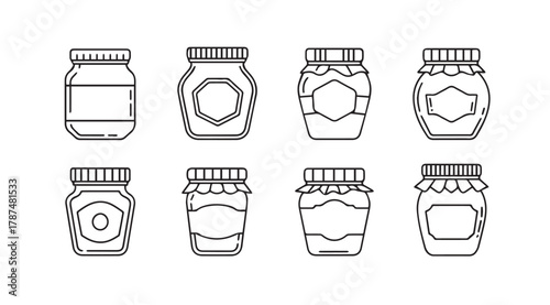 Collection of eight different glass jars in a simple line drawing silhouette style