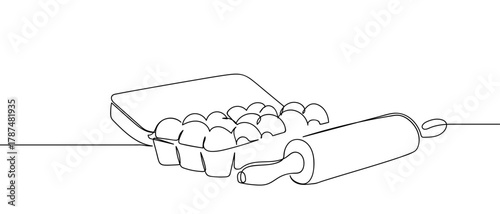One continuous package of eggs and a rolling pin Minimalist linear design. Editable stroke.