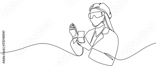 Scientists are conducting chemical experiments, one continuous line. Minimalist linear design. Editable stroke.