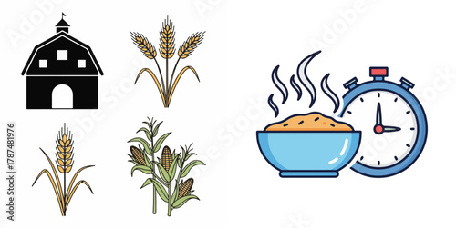 Agriculture and Food Icons Set in Flat Line Art Style