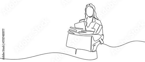 A woman holds a cardboard box, one continuous line. Minimalist linear design. Editable stroke.