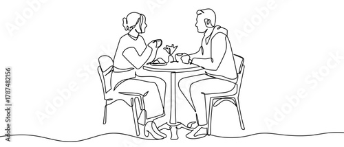 Couple having dinner together at the dining table, one continuous line. Minimalist linear design. Editable stroke.