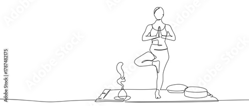 Woman doing yoga, one continuous line Minimalist linear design. Editable stroke.