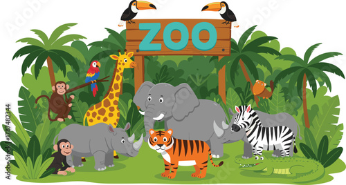 Cartoon zoo animals in tropical jungle with wooden sign, elephants, giraffe, zebra, tiger, crocodile, monkeys, birds, cheerful illustration