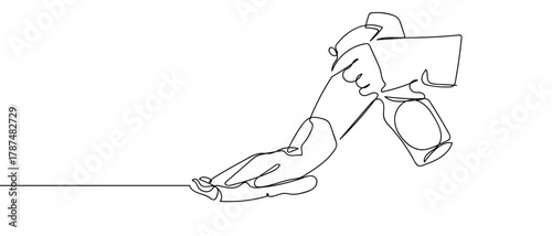 Hands are wiping clean, one continuous line. Minimalist linear design. Editable stroke.