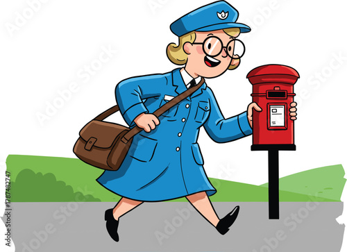 Cheerful mail carrier in blue uniform briskly walking with red mailbox and brown mailbag on sidewalk, green bushes, outdoor cartoonCheerful mail carrier  