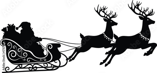 Santa Claus decorative sleigh with ornate scrollwork, two reindeer midair, harnessed, presents overflowing, classic black silhouette, traditional Christmas night scene
