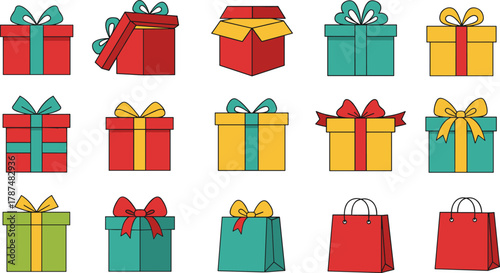 Christmas gift box and shopping bag cartoon illustration set, festive holiday packaging, colorful presents, cheerful seasonal celebration design icons