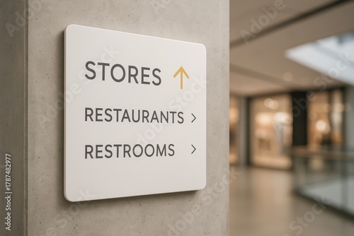 Mall directional sign with text stores restaurants restrooms on concrete wall, modern shopping center interior.