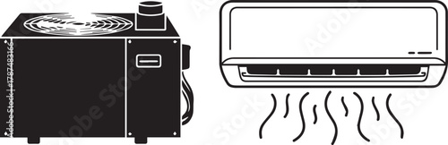 Black Silhouette and Outline Icons of Air Conditioning Units Illustration