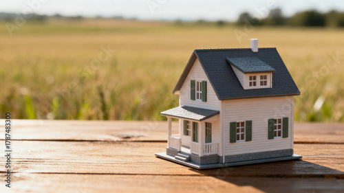 Dream house model on a wooden table in an open field, symbolizing simplicity and aspiration.