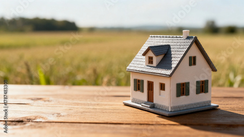 Dream house model on a wooden table in an open field, symbolizing simplicity and aspiration.