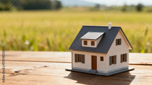 Dream house model on a wooden table in an open field, symbolizing simplicity and aspiration.