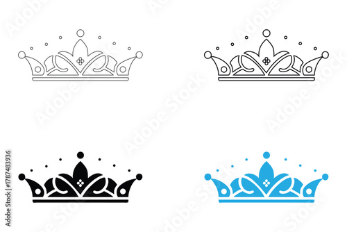 Regal Princess Tiara Crown Symbol vector icon, royal tiaras king and queen headpiece vector, silhouette and line art