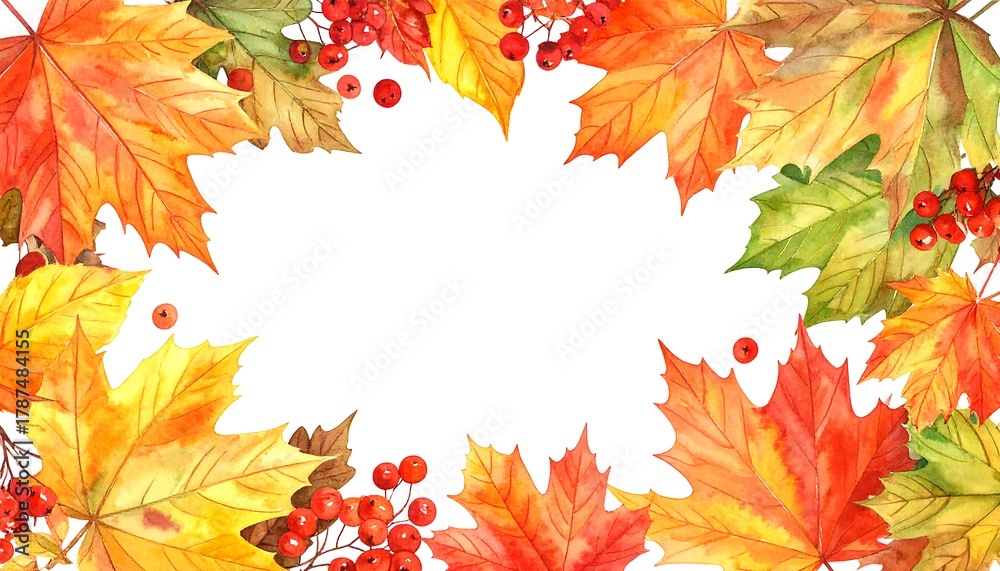 Fototapeta premium Autumnal Watercolor Frame with Vibrant Leaves and Berries.