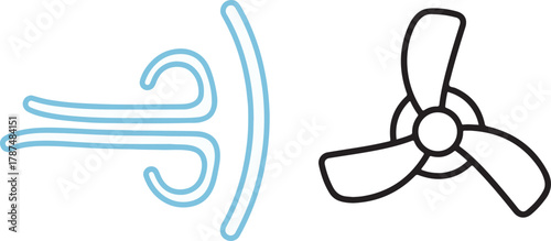 Clean Blue Wind Flow and Black Three-Bladed Fan Propeller Icons