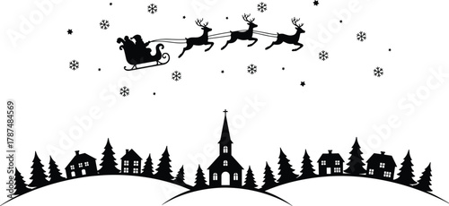 Santa Claus silhouette riding sleigh pulled by three reindeer, snowflakes stars, village church pine trees, peaceful vintage Christmas night scene