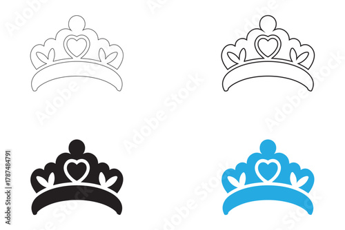 Regal Princess Tiara Crown Symbol vector icon, royal tiaras king and queen headpiece vector, silhouette and line art