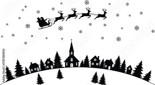 Santa Claus silhouette riding sleigh pulled by four reindeer, flying over snowy village with church steeple, pine trees, magical night