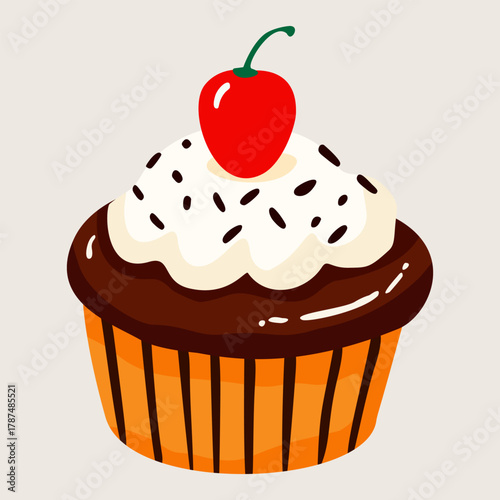 vector illustration of a chocolate cupcake with a cherry on top