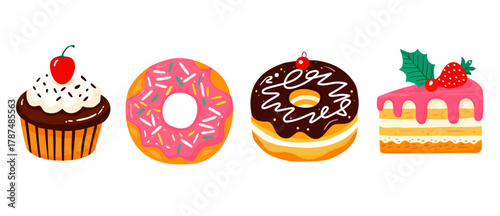 colorful vector set of sweet desserts including a cupcake, donuts, and cake.