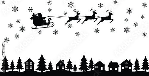 Santa Claus silhouette sleigh flying reindeer snowy night sky Christmas village houses pine trees festive winter holiday illustration seasonal magical scene