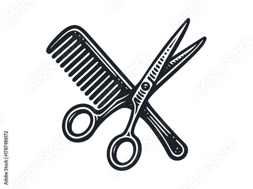 Scissors and comb crossed — vintage engraving line vector