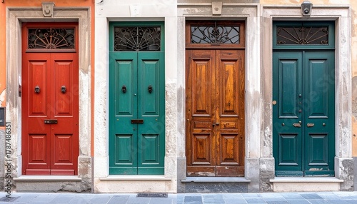 Four distinct front doors in gray, wood, blue, and green with transom windows and stone framing