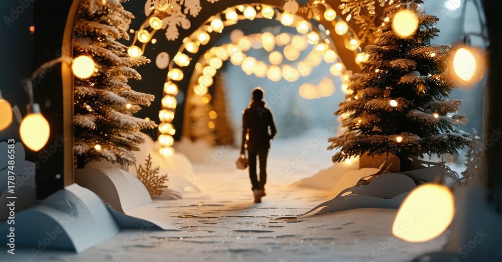 Fototapeta premium Winter scene depicts person walking toward bright light tunnel. Snow covers ground, trees frame path. Festive, cozy atmosphere.
