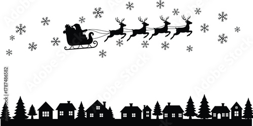 Santa Claus silhouette sleigh flying reindeer snowy night sky Christmas village pine trees festive winter holiday illustration seasonal magical celebration scene