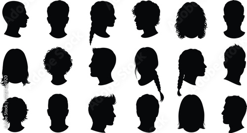 Silhouette collection of male and female head profiles, hairstyle variety vector illustration for design, fashion, branding, identity, and creative portrait projects