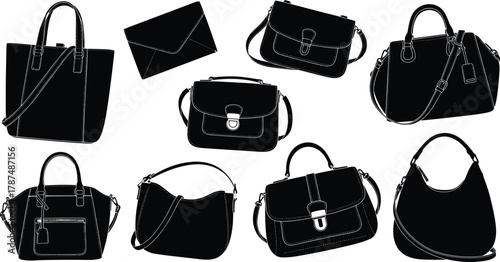 Women's handbag silhouette collection, fashion purse and shoulder bag design, stylish accessory vector illustration for boutique, retail, and apparel branding projects