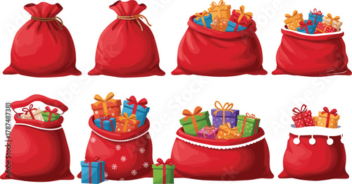 Christmas red gift sack cartoon illustration set, overflowing presents, festive holiday packaging, decorative seasonal design, cheerful celebration winter icons